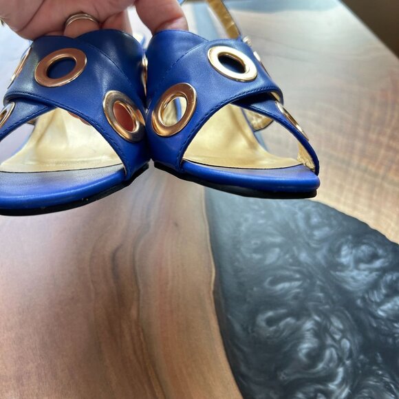 EY Boutique Strappy Blue Sandal Gold Grommets and Trim Size 11W - Picture 6 of 11